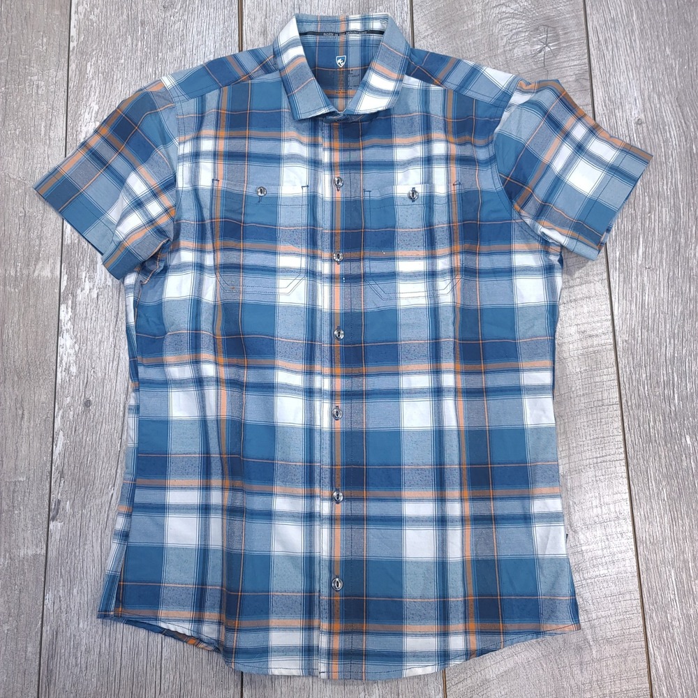 KUHL Button Front Shirt Mens Small Blue Orange Plaid Short Sleeve Outdoor Camp